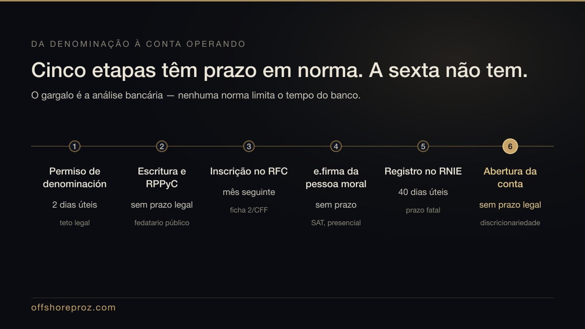 Linha do tempo das etapas de abertura no México em 2026, mostrando permiso de denominação em 2 dias úteis, escritura e inscrição no registro público, RFC pela ficha 2/CFF, e.firma presencial do representante legal, RNIE em 40 dias úteis e, ao final, a análise bancária sem prazo legal